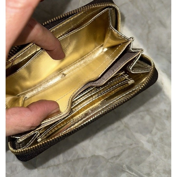 Michael Kors Patent Leather Wristlet Wallet Monogram Gold Black Zip Designer - Picture 7 of 10